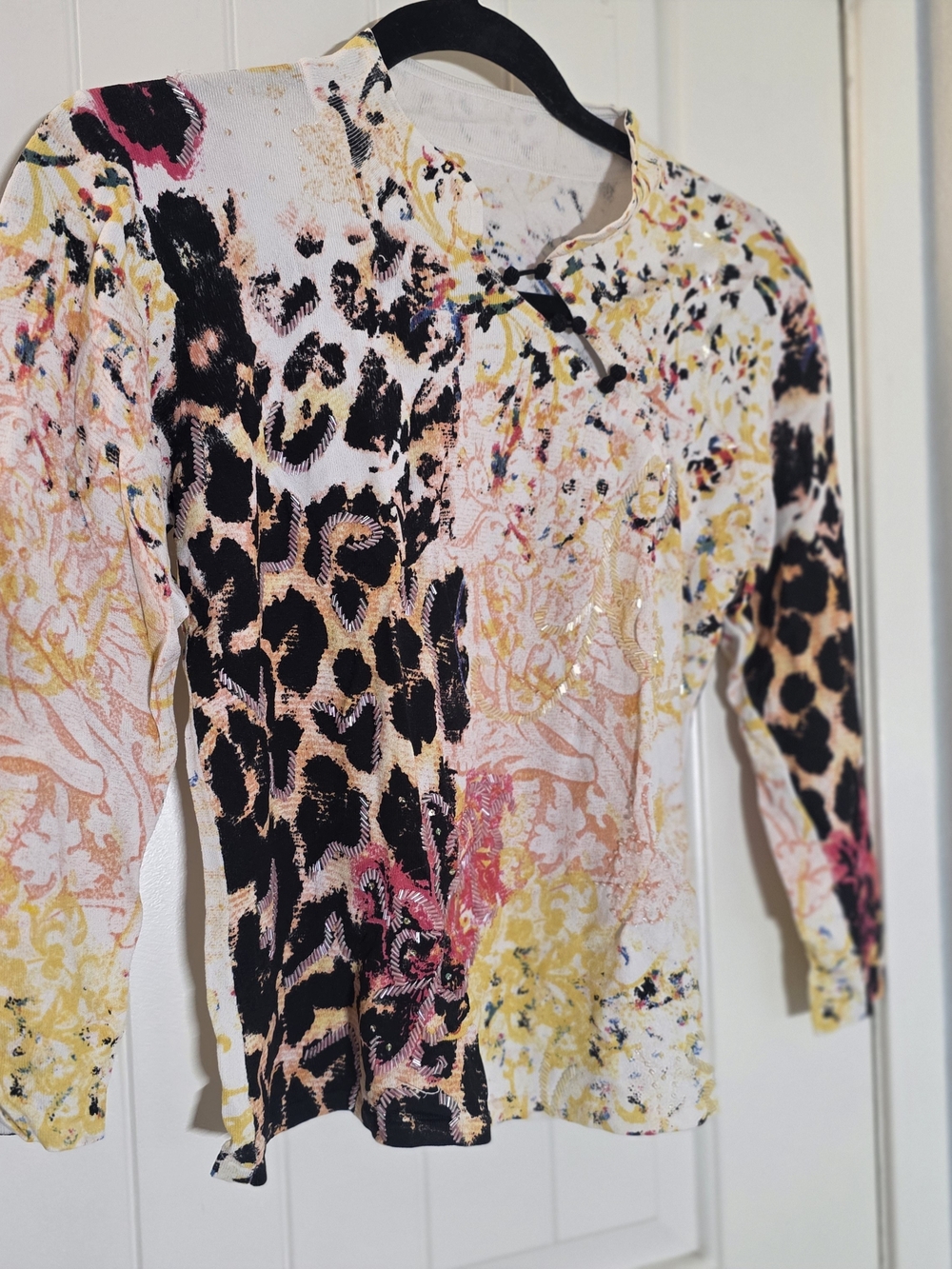 Mixed-Print Long Sleeve Top - Pink, Black & Yellow